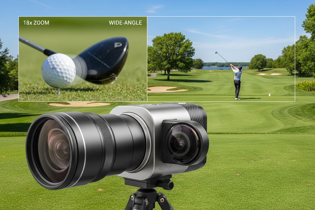 Create an image of a golf course with a golfer mid-swing. In the foreground, show the Golfeye camera with a dual-lens system (18x zoom lens and wide-angle lens). Use a split view effect where one lens captures a close-up of the golf ball being hit, and the other shows the entire scene with the golfer and the course. The image should show the two perspectives, emphasizing the zoom and panoramic capabilities.