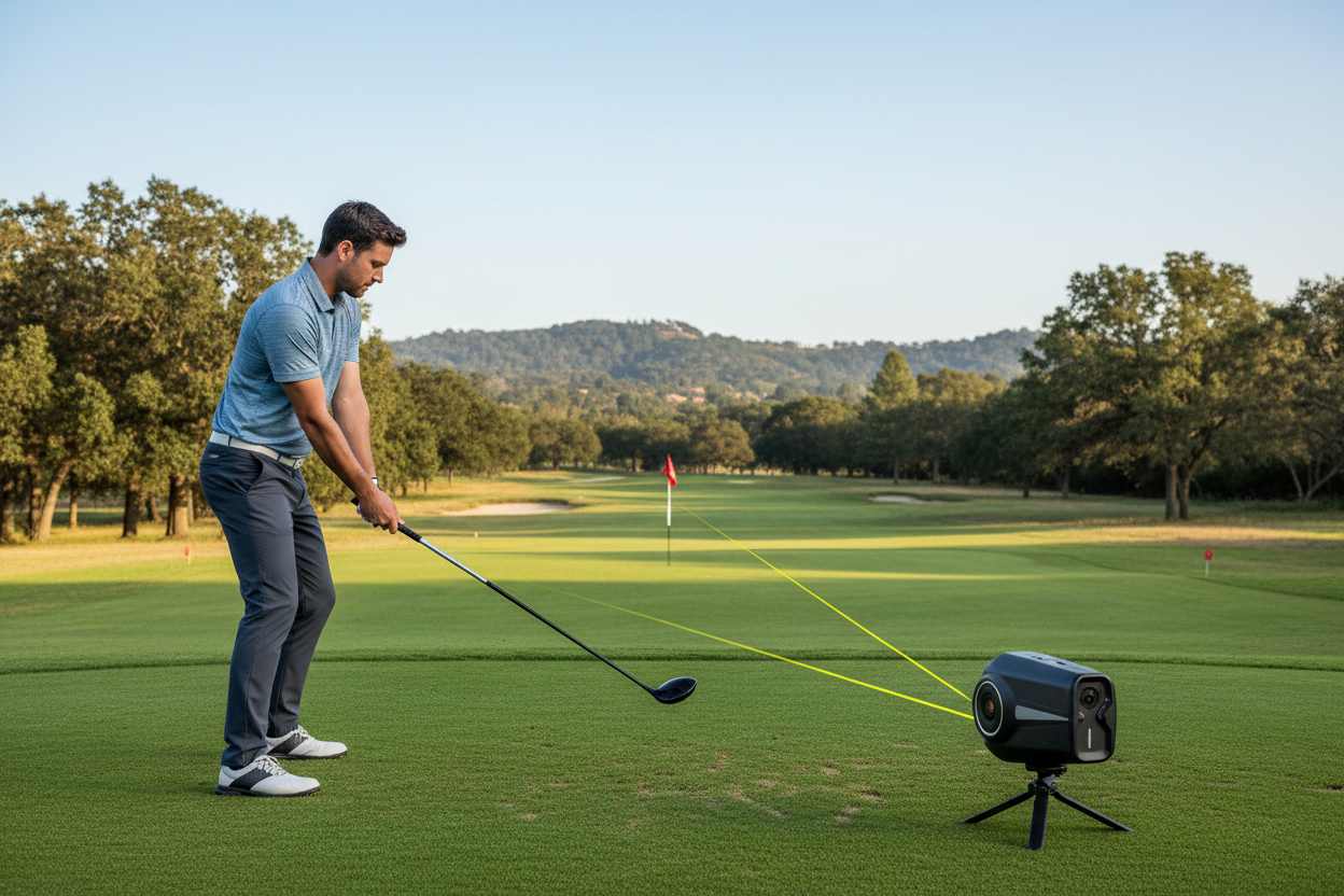 Create an image of a golfer standing at the tee, preparing to take a swing. The golfer, dressed in a casual yet professional golf outfit, is positioned on a lush green golf course with natural hills and trees in the background. Next to the golfer, place a compact AI-powered camera (Golfeye) positioned on the ground. The camera should have a clean, modern design, visible from the side, and should be marked with a yellow line showing its tracking path toward the flagstick in the distance.