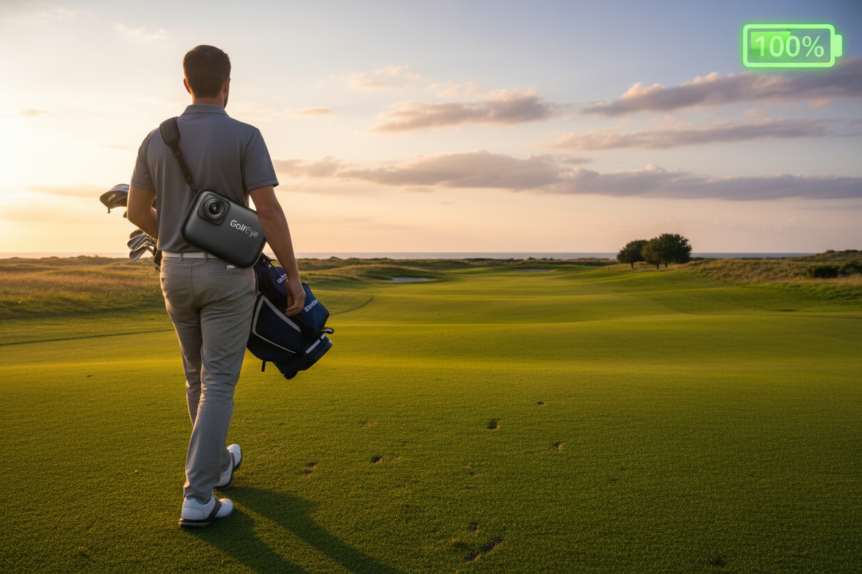 Create an image of a golfer walking across the golf course, with the Golfeye camera tucked under their arm or sitting in their golf bag. In the background, show a clear, open course with a horizon view. The image should emphasize the camera's portability, and a battery icon showing a full charge.