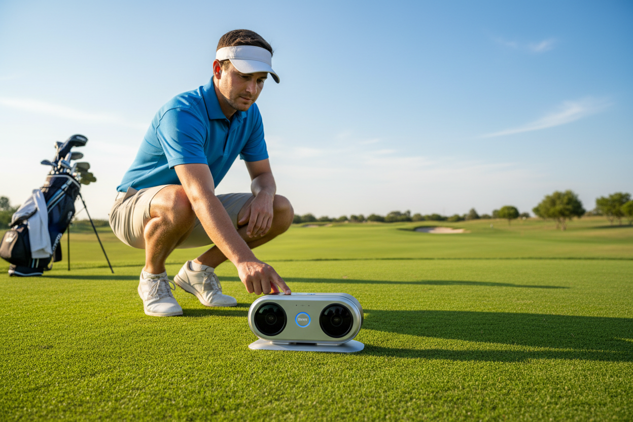 Create an image showing a golfer setting up the Golfeye camera on the tee box. The camera should be placed on the ground, with a clear, compact design and dual lenses visible. The golfer should be pressing the ‘Start’ button on the camera to activate it, with a clear indication of the setup process. The background should show a beautiful golf course, emphasizing simplicity and ease of use.