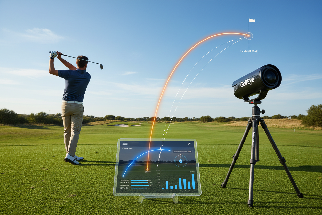 Create an image showing a golfer standing on the tee after hitting a shot, with a Golfeye camera focused on the shot’s path. Display a real-time feedback screen in the foreground showing the golfer’s swing trajectory and the ball’s flight path (motion blur or shot tracer effect). The feedback should be clear, showing instant analysis with motion prediction lines on the ball's expected landing spot.