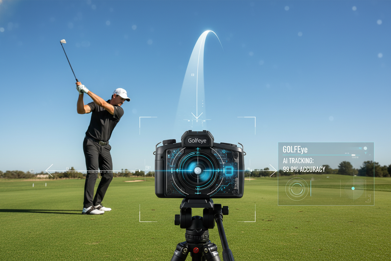 Create an image of a golfer mid-swing, with the Golfeye camera in the foreground automatically following the ball’s trajectory. The camera’s AI tracking feature should be highlighted with a motion path showing the ball’s flight and the camera’s rotation as it tracks the shot. Show the golfer’s focus on the ball, with the AI-powered tracking in action, capturing the moment.