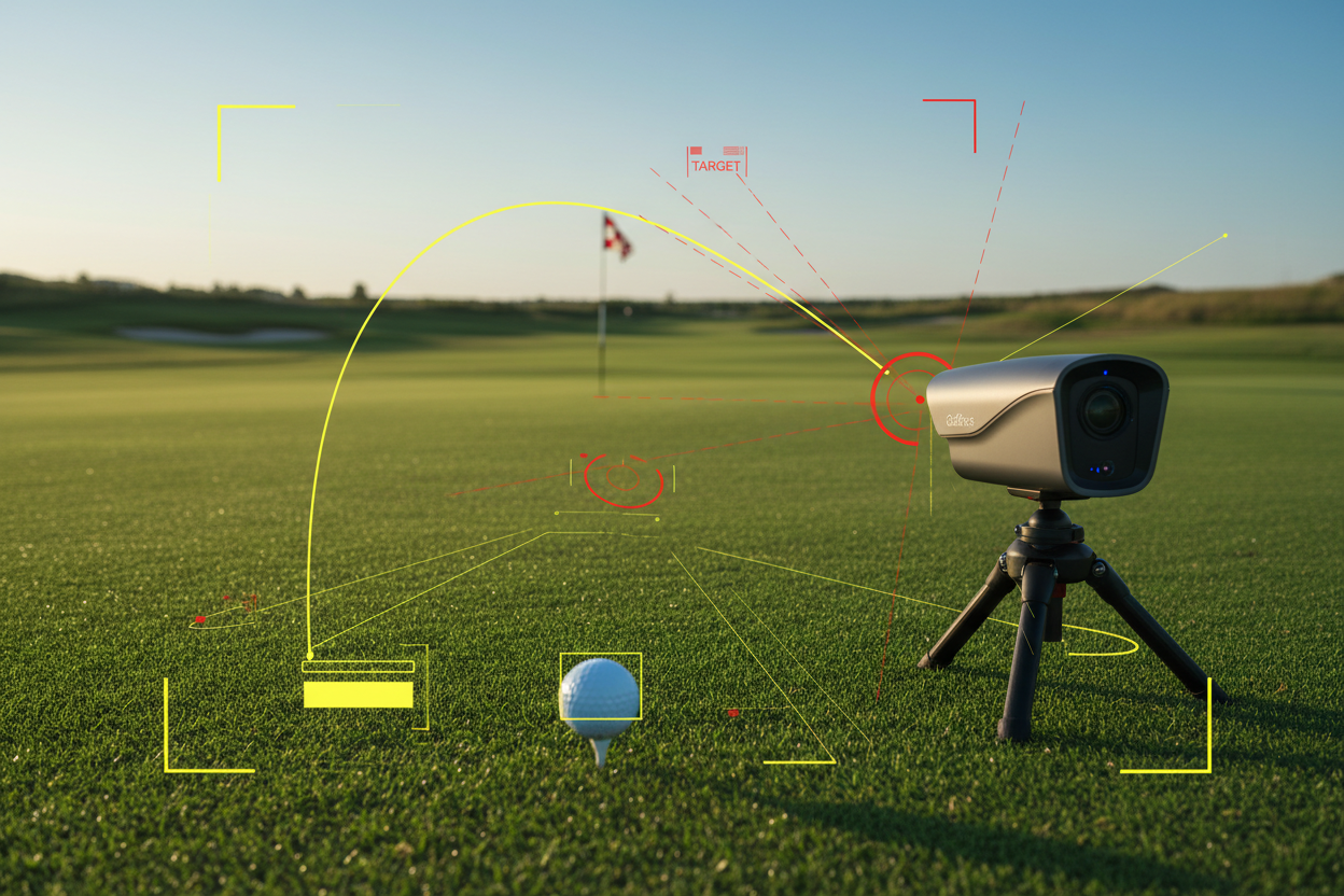 Create an image showcasing a golf course with a golf ball positioned on the tee and a flagstick in the distance. In the foreground, depict the Golfeye camera with an overlay of AI tracking lines connecting the ball and the flagstick. Use a yellow or red highlight to show the camera's automatic detection and tracking of the ball as it’s hit.