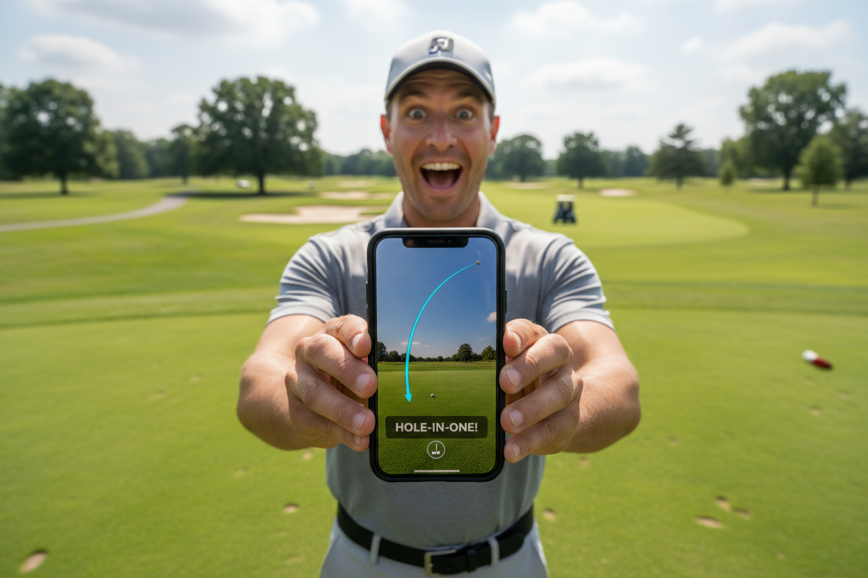 Create an image showing a golfer on their phone, watching an instant highlight reel of their shot after Golfeye has captured it. The screen should display a video clip showing the golf ball’s flight and the final shot with a shot tracer. The golfer should look excited and impressed, with the phone in focus, showing how quickly and seamlessly the Golfeye app compiles the footage.