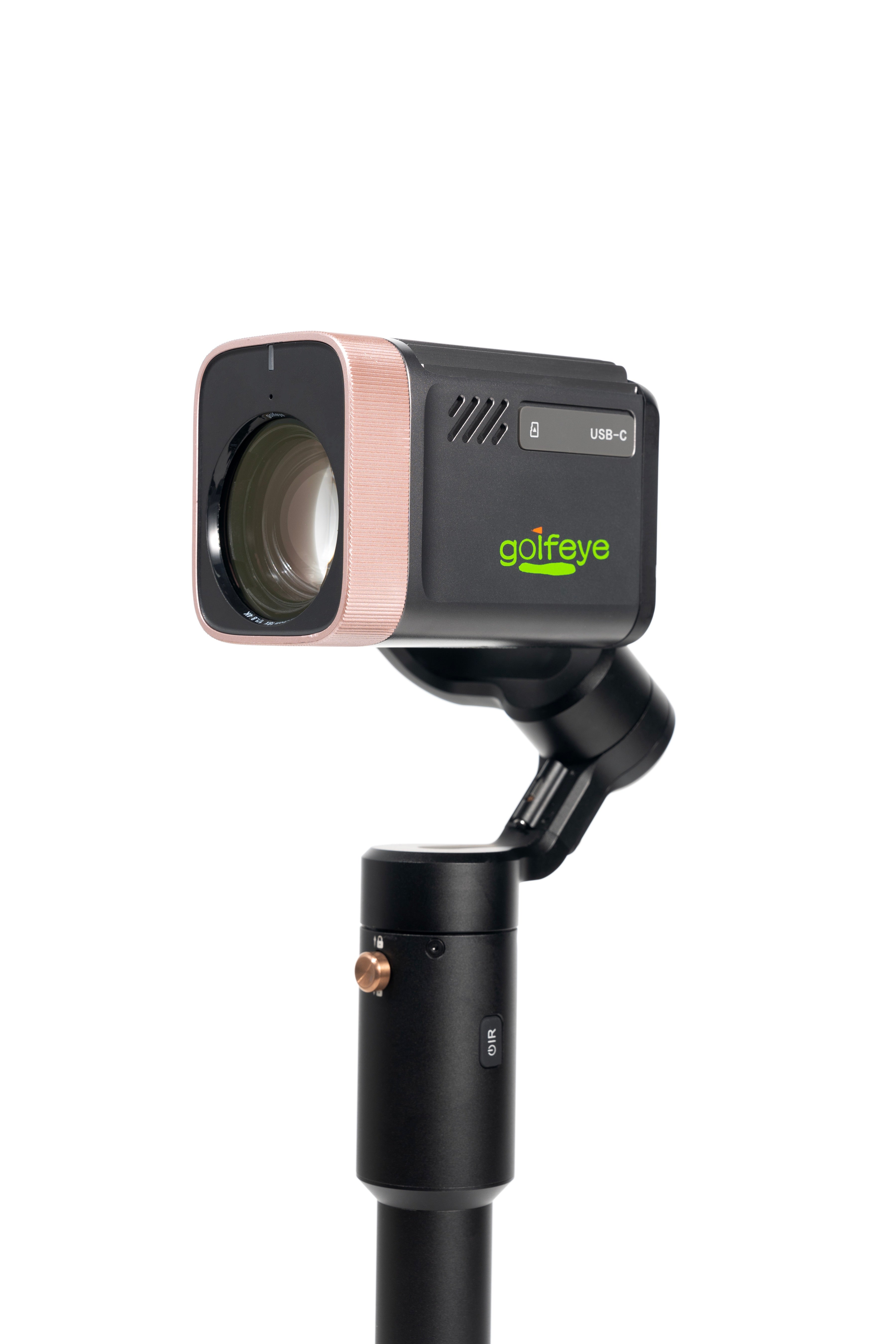 Golfeye handle and camera lens left-front 45 degree close-up
